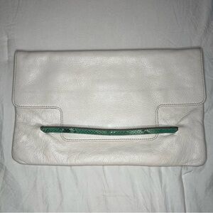 Iacucci White Pebbled Leather Large Clutch, Teal Snake Skin Leather Accent